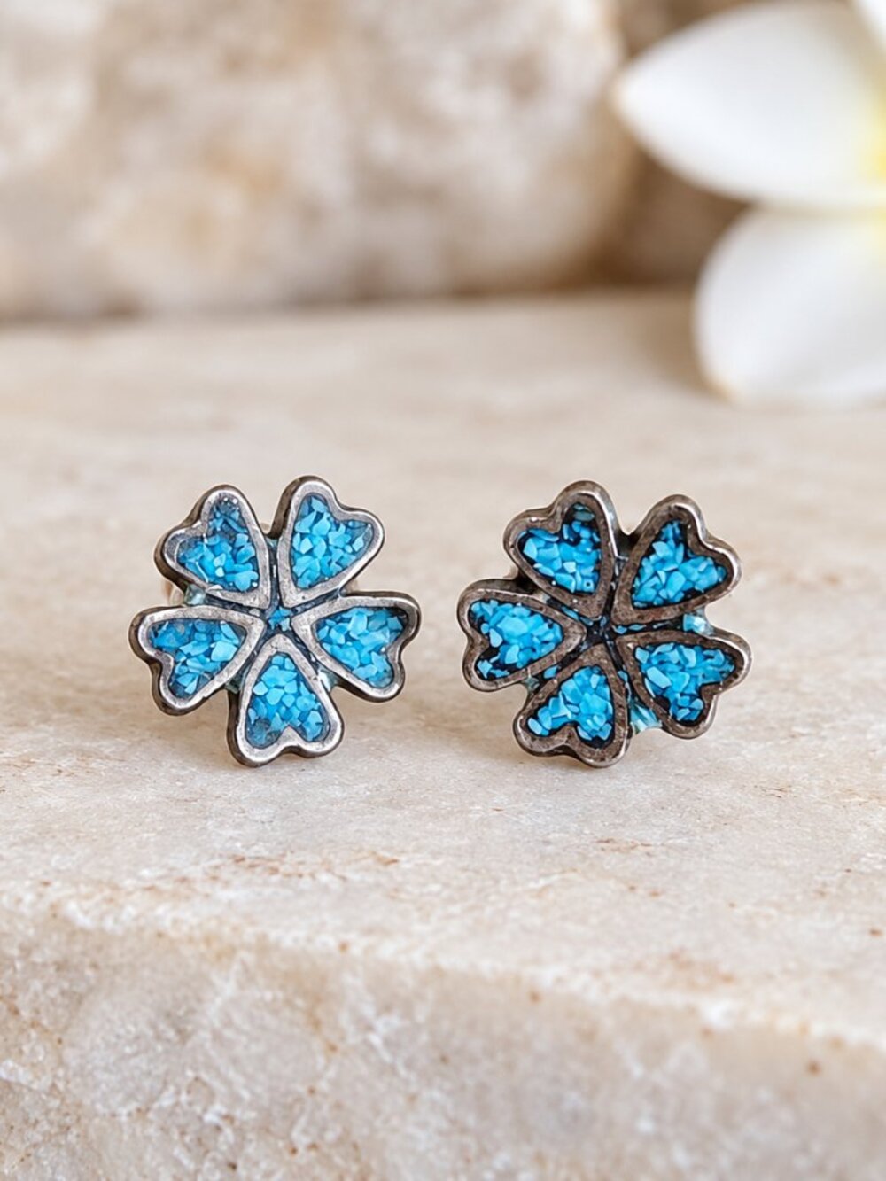925 Sterling Silver Turquoise Chip Inlay Flower Dainty Petite Stud Earrings